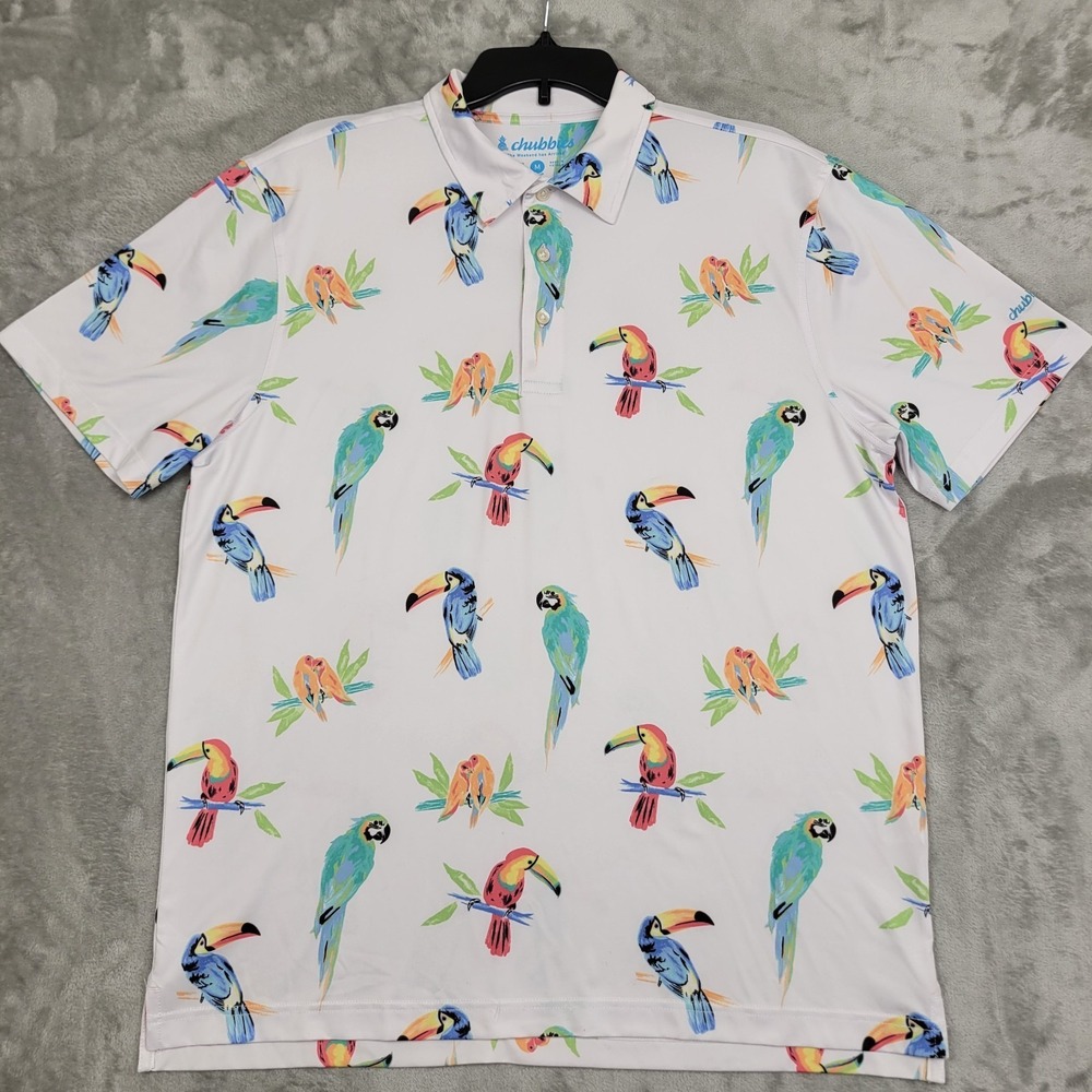 Chubbies Performance Polo Shirt White Men's Medium Exotic Birds Floral Print